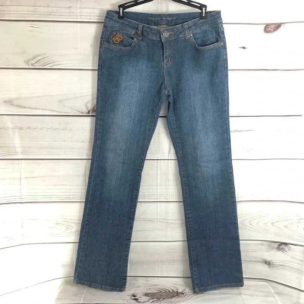 Boom Boom Jeans Straight Leg Women 9 Blue Medium Wash Embroidered Denim Boho